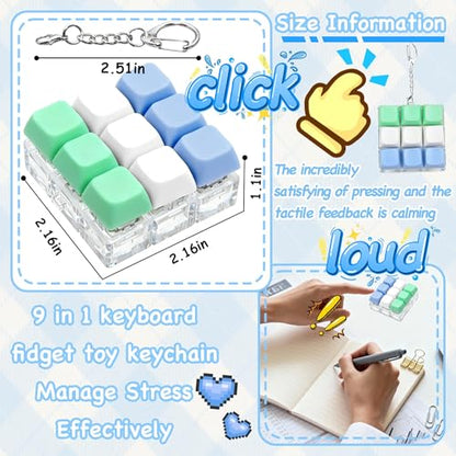 Keyboard Fidget Toy, Keyboard Keychain Fidget Toys, 9-in-1 Clicker Fidget Toy, Stress Relief Desk Decompression Button, Anxiety Relief Valentine's Day Gifts (3 Color-Blue White Green) - color: 3 Color-blue White Green