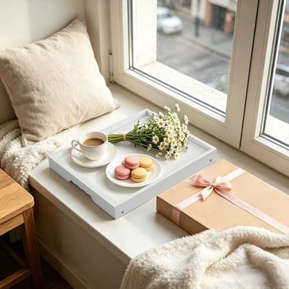 Large Breakfast Tray with Folding Legs Set of 2, 16.9" x 12.2" Bamboo Bed Tray Table with Ergonomic Wave Handles, Foldable TV Dinner Tray for Bed Couch Sofa, Breakfast, Laptop, Coffee,White - color: White, size: Large