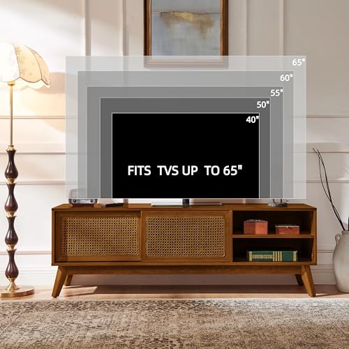 LKTART Mid Century Modern Rattan TV Stand for 65 Inch TV,59" Boho Media Console with Sliding Doors & Open Shelves,Solid Wood Legs for Living Room,Light Walnut - color: 59" Light Walnut