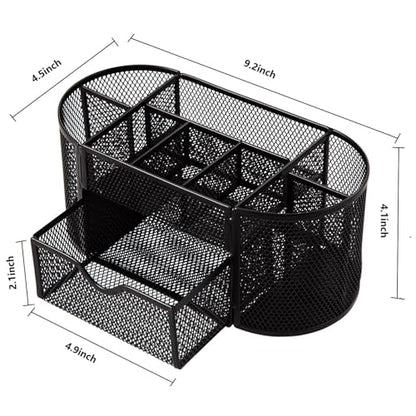 Comix Mesh Pen Pencil Holder Desk Organizer, 8 Compartment and 1 Drawer Wire Desktop Pen Pencil Cup Caddy Office Supplies Accessories for Home Office School, Black - color: 8 Compartments