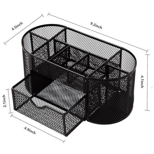 Comix Mesh Pen Pencil Holder Desk Organizer, 8 Compartment and 1 Drawer Wire Desktop Pen Pencil Cup Caddy Office Supplies Accessories for Home Office School, Black - color: 8 Compartments