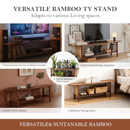 Tiita TV Stand with Storage for TVs up to 65'', Bamboo TV Console Entertainment Center with 2 Open Shelf, Mid Century Modern Media Console for Living Room, Bedroom, Walnut - color: Classic Walnut