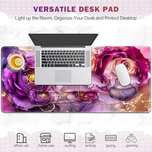Gaming Mouse Pad, Large Desk Mat, Cute Desk Pad Protector, 4in1 XXL Mousepad + Keyboard Wrist Rest+Mouse Wrist Rest+Coaster Set with Ergonomic Desk Pad for Home Office PC, Marble Rose Purple Flowers - color: Marble Rose Purple Flowers