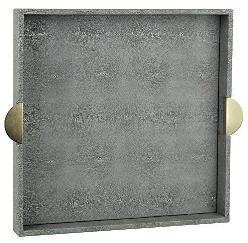 HofferRuffer Faux Leather Decorative Serving Tray, Elegant Coffee Table Ottoman Tray, Breakfast, Drinks, Liquor Serving Platter, Dark Grey Shagreen Finish with Gold Hardware Handle (Square) - color: Dark Grey, size: 17.8" x 17.8" x 2"