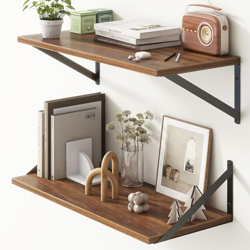 Deep Walnut Floating Shelves for Wall, 24"W x 10"D Wall Shelves Set of 2, 10 Inch Deep Floating Shelf with Brackets, Wide Display & Storage Shelves for Books, Living Room, Kitchen, Bathroom - color: Walnut, size: 24"W x 10"D