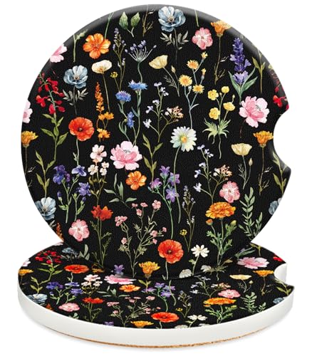 Swooflia Car Coasters for Women, Colorful Flower, 2.55 inch, 2 Pack | Ceramic, Absorbent Mat, Cork Base, Automotive Cup Holder Accessories - color: Black Colorful Flower