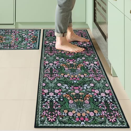 Kitchen Rugs Sets of 2 PCS, Non Slip Washable Kitchen Mats for Floor, Low Pile Soft Boho Floral Rug Runner for Home Decor, Green, 17.3"x46"+17.3"x29" - color: Green