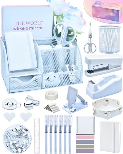 White Desk Accessories, 25Pcs White Office Supplies and Desk Organizers, with Tape Dispenser, Stapler, Staple Remover, Ect, Gift Box Packaging - color: White