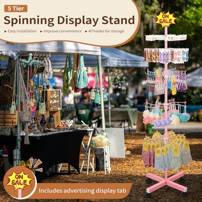Flenpptly Retail Display Stand, 5-Tier Rotating Display Rack for Store Display, Movable and Adjustable Spinning Display Stand for Earrings, Jewelry, Keychains, Socks Display (Pink) - color: Pink
