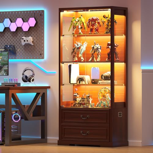 TAGELIER 67" Tall Glass Display Cabinet with Doors and 2 Storage Drawers | Sturdy Curio Cabinet with Adjustable Shelves, Smart Motion Sensor LED Lights for Living Room, Display Case for Collectibles - color: Walnut