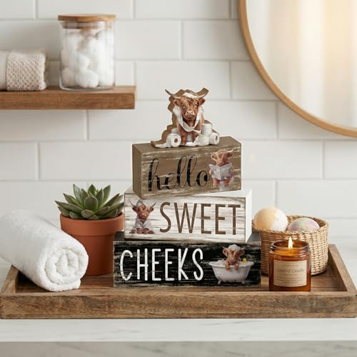 4 Pcs Highland Cow Bathroom Decor Funny Farmhouse Tiered Tray Decor Rustic Highland Cow Table Wooden Signs Home Bathroom Shelf Sitter Restroom Accessories Guest Housewarming Gift Set - style: Highland Cow