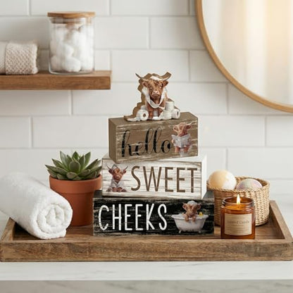 4 Pcs Highland Cow Bathroom Decor Funny Farmhouse Tiered Tray Decor Rustic Highland Cow Table Wooden Signs Home Bathroom Shelf Sitter Restroom Accessories Guest Housewarming Gift Set - style: Highland Cow