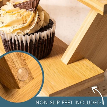 4-Tier Wood Cupcake Stand, Durable & Easy to Assemble Cupcake Holder, Collapsible Display Risers w/ Non-Slip Pads, Rustic Dessert Display Stands for Baby Shower Decorations, Vendor Fairs & More