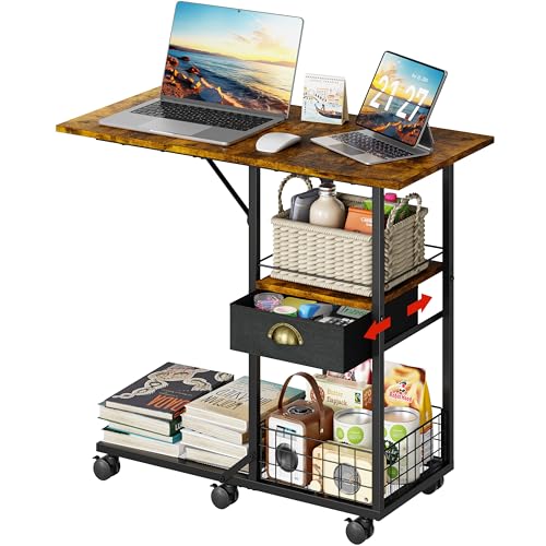 Rolling Coffee Table with Oversized Double-Wide Wood Top, Mobile Tv Tray with Storage Drawer and Wheels for Sofa, Portable Side Table for Living Room, Home Office, Spacious Desk for Working Studying - color: Black, size: 2XL (With Drawer & Wheels)