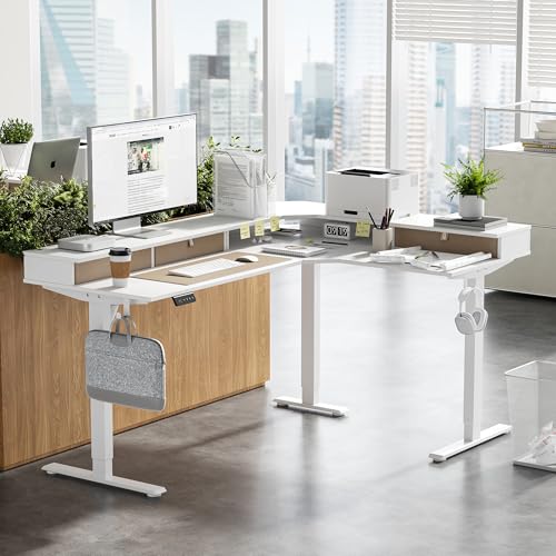 FEZIBO Triple Motor 63" L Shaped Standing Desk with 3 Drawers, Electric Standing Gaming Desk Adjustable Height, Corner Stand up Desk with Splice Board, White Frame/White Top
