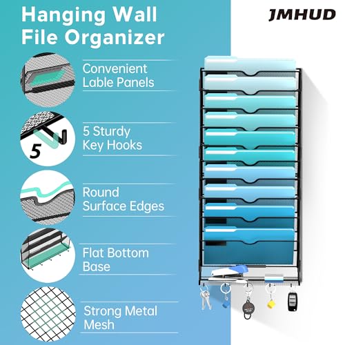 11 Tier Wall File Organizer - Hanging File Organizer with 5 Hooks, Mail Holder Wall Mounted for Papers, Folders, Magazines, Bills, Office&School Organization, Black - color: Black, size: 11 Tier