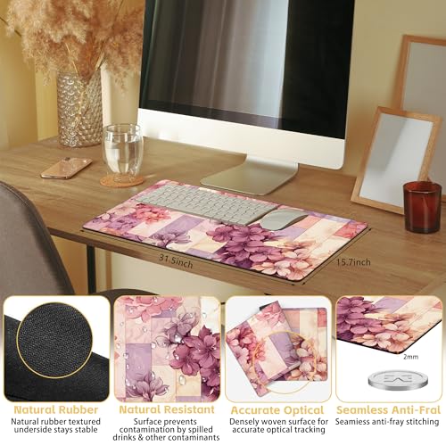 Flower Desk Mat Large Mouse Pad Gaming Mousepad 31.5 x 15.8 in | Desk Pad for Keyboard and Mouse, Large Non-Slip Rubber Base Mousepad Desk Mat with Stitched Edges for Gaming Office - color: Colorful Marble and Flower