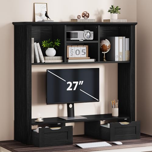 Desk Shelf with Computer Monitor Stand, 37.4''W Desktop Bookshelf Display Rack, Desktop Organizer Storage Rack with Cubbies & Drawers, 5-Tier Hutch for Home, Office, Dorm, Vanity, Black - color: Black, size: 37.4"W with Monitor Stand
