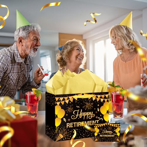 Hooqict Large Retirement Gift Bag Black Gold Happy Retirement Party Gift Bag with Handles, Wrapping Paper, Greeting Card for Men Women Coworker Teacher Farewell Going Away Party Favors - color: Retirement