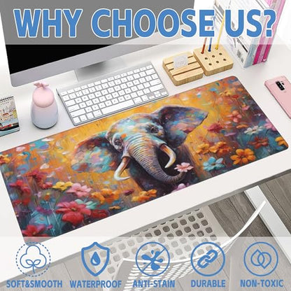 XL Mouse Pad,Elephant in Flower Blossom Large Gaming Mouse Pad,Cute Elephant Floral Desk Mat,Extended Big Computer Keyboard Desk Pad with Non-Slip Base and Stitched Edge 31.5"x11.8" - color: Elephant in Flower Blossom, size: XL-31.5"x11.8"