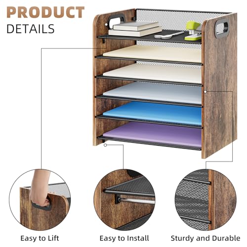 Marbrasse 6 Tier Paper Organizer Letter Tray - Wooden Desk File Organizer with Handle, Paper Sorter Organizer for Letter/A4 Office File Folder Holder - color: 6 Tier - Wooden