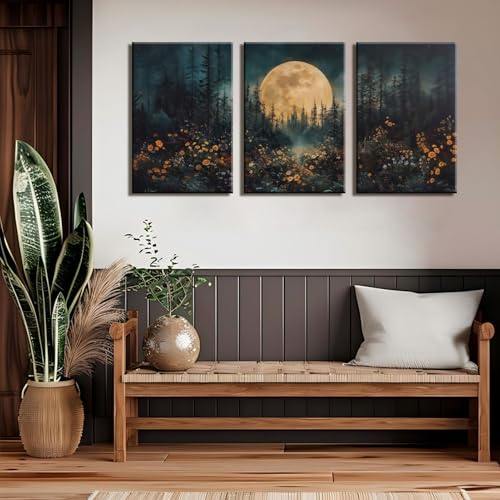 3Pcs Full Moon Forest Canvas Wall Art Nature Landscape Wildflower Wall Decor Pictures Moody Dark Academia Forest Posters Prints for Gallery Bedroom Living Room Home Decoration 16x24in - size: 24"L x 16"W