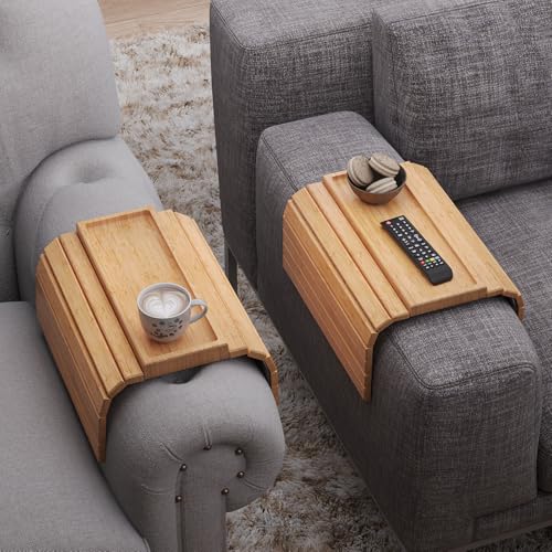 2 Pack Sofa Arm Tray,Bamboo Folding Couch Arm Tray,Sofa Armrest Tray with Anti-Slip Pad for Drinks,Snacks,Phone,Remote Control（Natural） - color: Natural