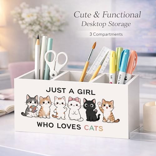 Cat Lover Wooden Desk Organizer Pen Holder | Cute cat lover desk decor with 3 compartments; wooden pen holder for office, home desk storage, or cat gifts for women. - color: Cat Lover Girl