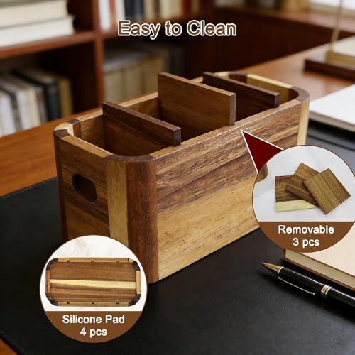 Acacia Wood Remote Control Holder, TV Remote Holder - 4 Compartment Remote Control Storage Organizer, Small Wooden Desktop Caddy for Coffee Table, Nightstand, Living Room, Office, Vanity