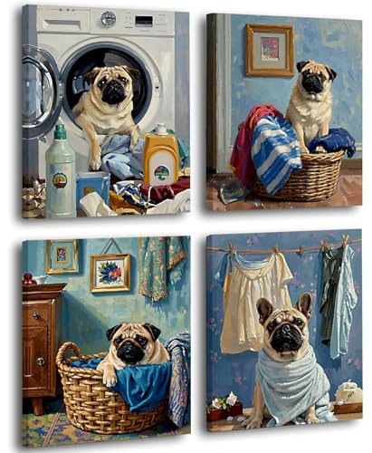 Framed Wall Art for Laundry Room, Funny Dog Art Canvas Prints, Vintage Home Decor, Animal Oil Painting Picture, Bathroom Wall Decor Gifts for Friends or Family Set of 4 (8"x10" - color: 8x10inch（framed) Wall Art for Laundry Room