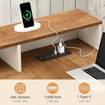 YOMILUVE Farmhouse L Shaped Desk, 61" Home Office Desk with Drawers and Storage Shelves, L Shaped Computer Desk with Power Outlet, Executive Desk with Monitor Stand, Printer Shelf, Brown and White