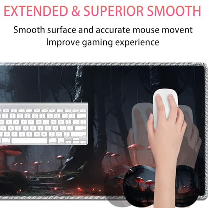 Large Gaming Mouse Pad + Mouse Wrist Rest Pad + Coaster Combination, 31.5 "x 11.8" Durable Non-Slip Extension Table Mat, Suitable for Office and Home, Mushrooms Forest - color: Mushrooms Forest