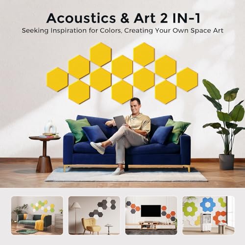 Self-Adhesive Acoustic Panels [390 lbs/yd³ Ultra-High Density], 2nd Generation Sound Absorbing Panel, Professional Level Sound Panel, Polyester Soundproof Foam [Medium Hexagon, Yellow] - color: Yellow, size: Medium Hexagon (12''x10''x0.4'')