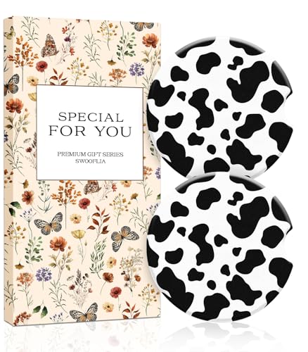 Swooflia Car Coasters for Women - Black White Cow Print Car Cup Coasters Absorbent Cup Holder Coasters for Car 2 Pcs Ceramic Car Cupholder Coaster with Cork Base Car Interior Accessories - color: Black and White Cow Print