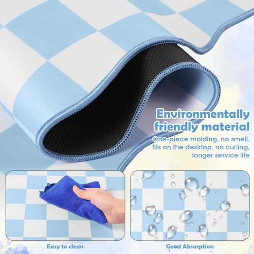 Copkim 1 Pcs Blue Scalloped Checkered Desk Mat 31.5 x 11.8 Inch Large Cute Mouse Pad Computer Mat Non Slip Waterproof Rubber Base with Border Stitching Soft Keyboard Pad for Home Office Gaming Makeup - color: Blue, style: Checkered