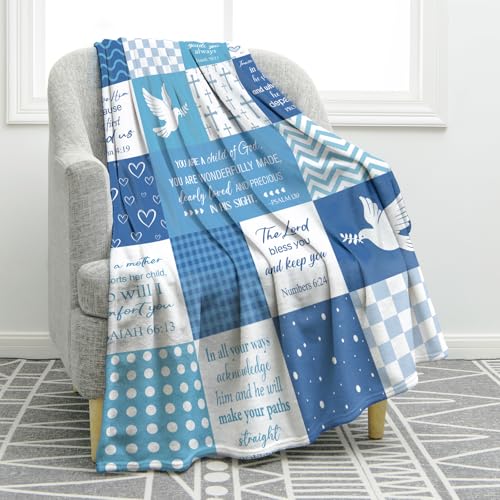 Jekeno Baptism Gifts for Boys Son, Christening Gifts Ideas for Boys Grandson Blanket, Christian Religious Bible Godson Goddaughter Catholic Presents Decoration Sofa Couch Soft Cozy Plush Throw 50"x60" - color: Blue Baptism Gifts