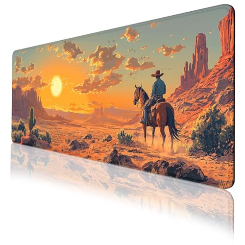 Western Cowboy Gaming Mouse Pad Tropical Cactus Desert Riding Horse Mousepad Extended Large Laptop Keyboard Non-Slip Rubber Base with Stitched Edges for Home 31.5x11.8 in - color: Western Cowboy, size: 31.5L x 11.8W inches
