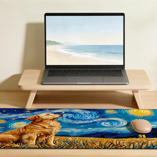 Dog Under Starry Night Gaming Mouse Pad Large Desk Mat Extended Keyboard Anime Mousepad with Non-Slip Base and Stitched Edge for Desk Home Office Gaming,31.5 x 11.8 Inch - color: Dog under Starry Night, size: 11.8*31.5inch