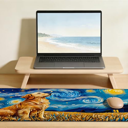Dog Under Starry Night Gaming Mouse Pad Large Desk Mat Extended Keyboard Anime Mousepad with Non-Slip Base and Stitched Edge for Desk Home Office Gaming,31.5 x 11.8 Inch - color: Dog under Starry Night, size: 11.8*31.5inch
