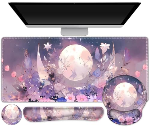 Large Desk Mat, Gaming Mouse Pad, Desk Pad Protector, XXL Mousepad + Keyboard Wrist Rest+Mouse Wrist Rest+Coaster Set with Ergonomic Desk Pad for Home Office PC Computer, Pastel Purple Flower Moon - color: Pastel Purple Flower Moon