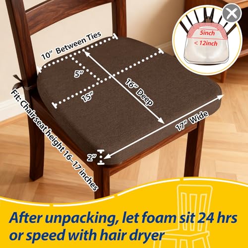 AAAAAcessories D-Shaped Chair Cushions, 2" Thick Dining Chair Pads with Ties and Removable, Machine-Washable Cover, 17" x 16", Set of 8, Brown - color: Brown, size: 8 Count(Pack of 1)