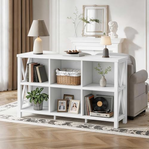 FATORRI 6 Cube Storage Organizer with Shelf, 47 Inch Long Horizontal Bookshelf, Wood and Metal Cube Bookcase, Low Book Shelf for Living Room, Home Office (White Oak) - color: White Oak, size: Without Drawer
