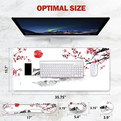 ToLuLu Extended Gaming Mouse Pad, Memory Foam Ergonomic Keyboard Mouse Wrist Rest Support Set, Large Desk Mat with Stitched Edges, Non-Slip Base Mousepad for Home Office Game, Cherry Blossom Sakura - color: Cherry Blossom Sakura