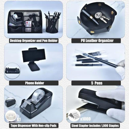 Black Desk Accessories, 24Pcs Office Supplies and Desk Organizers, with Tape Dispenser, Stapler, Staple Remover, Ect, Gift Box Packaging - color: Black