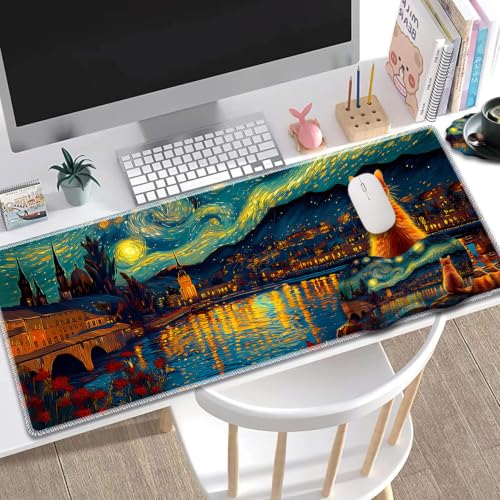 Large Gaming Mouse Pad + Wrist Rest+ Coaster Combo, 31.5 "x 11.8" Durable Non-Slip Extension Table Mat, Suitable for Office and Home, Cat Starry Night Art - color: Cat Starry Night Art