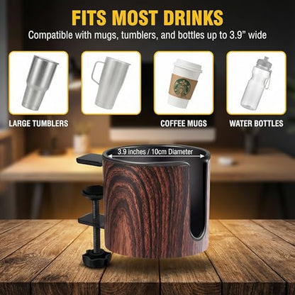 Luxury 2pcs Desk Cup Holder, Tool-Free Clamp On Desk Cup Holder, Fits 40oz Tumbler Holder & 0.2-2in Thick Desks, Anti-Spill for Office, Home, Gaming (2PCS Walnut Design) - color: 2PCS WALNUT DESIGN