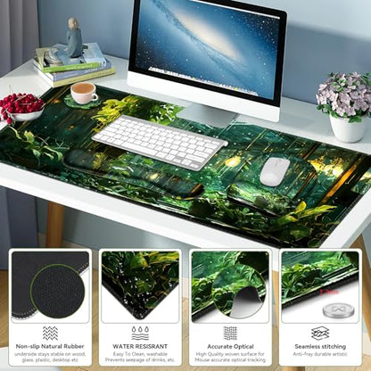 Large Mouse Pad with Wrist Support 4 in1 Set, XXL Big Game Mousepad + Keyboard Wrist Rest+Mouse Wrist Rest Pad +Coaster Gaming Mat for Women Men Home Office Computer I Green Plants Romantic Rain - color: Green Plants Romantic Rain