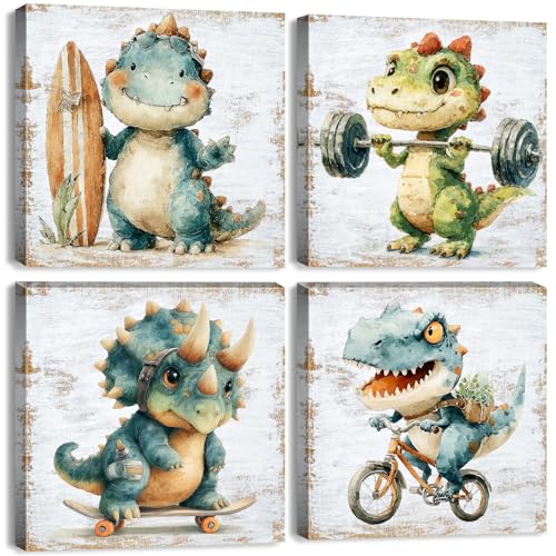 Kids Room Cartoon Dinosaur Wall Art Nursery Sport Dino Canvas Wall Decor Cute Bike Surfboard Weights Dinosaur Pictures for Boys Girls Toddler Baby Artwork Bedroom Playroom Home Decoration 12x12” 4Pcs - color: CuteDinos4P, size: 12x12in
