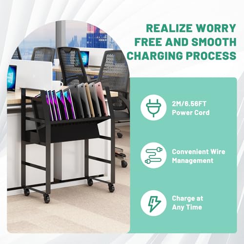 Black Mobile Open Storage Cart with Wheels and 16 Devices for iPads,Chromebooks & Laptop Computers,Removable Dividers,Office,Surge Protection Station Rack