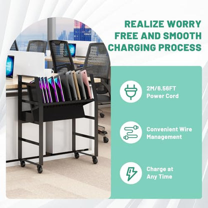 Black Mobile Open Storage Cart with Wheels and 16 Devices for iPads,Chromebooks & Laptop Computers,Removable Dividers,Office,Surge Protection Station Rack